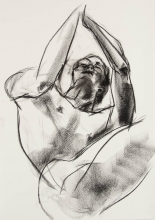 sketch of male nude reclining, pulling and looking up