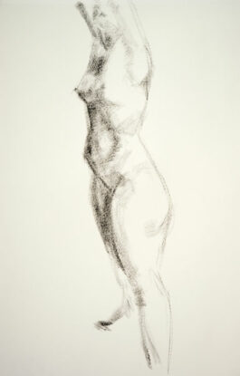 Figure drawing of a female nude standing with her arms up