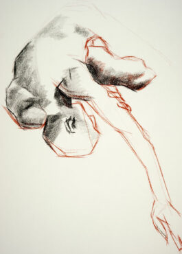 Drawing of a male nude in foetal position with arm streched