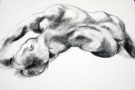 Figure drawing of a male nude lying on his side seen from the back