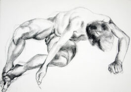 Figure drawing of a male nude sitting and bending forward