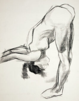 Figure drawing of a female nude streching her legs standing