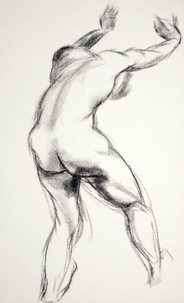 Figure drawing of a male nude seen from behind pushing the wall