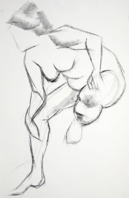 Figure drawing of a female nude sitting and comming forward