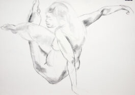 Figure drawing of a female nude sitting, seen from above