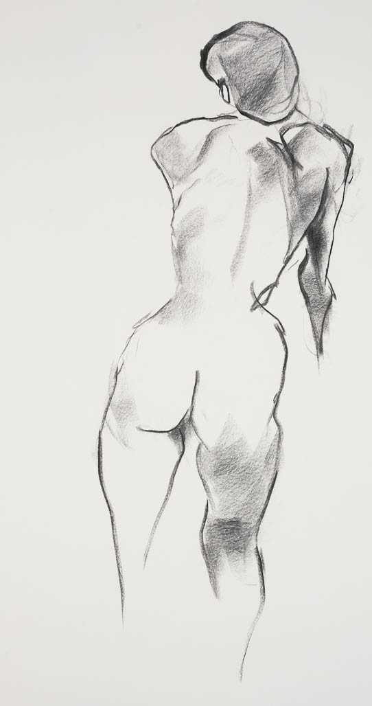 sketch of Giulia seen from back standing, leaning forward