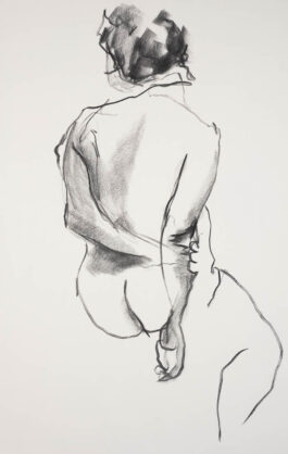 sketch of female nude life model sitting seen from back