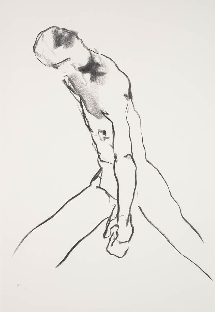 sketch of male nude life model Maarten pressing down.