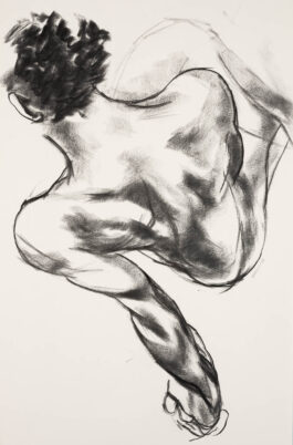 sketch of a male nude sitting and resting on one arm, seen from above.