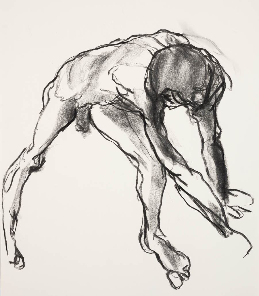 sketch of a male nude leaning pushing forward.