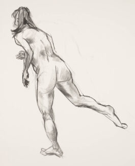 sketch of a female nude life model in forward reaching posture
